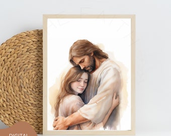 Christ's Embrace Watercolor Jesus hugging Girl Printable Wall Art, Jesus Painting Art, Christian gift, Jesus Portrait Christian Home Decor