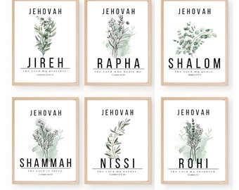 Names of God Set of 6 Christian Art prints, Jehova Jireh Rapha Shalom Nissi Rohi, Modern Minimalist Wall Art Print, Minimalist Bible Art.