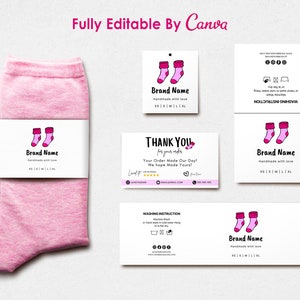 Bewerkbare sokken labelsjabloon, DIY sokken hang tag, vouw over tag, wikkellabel, handgemaakte items, afdrukbare Canva PDF-bestanden