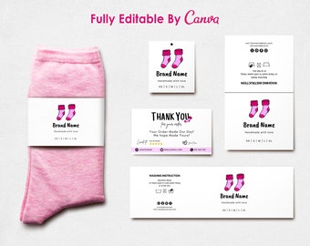 Bearbeitbare Socken-Etikettenvorlage, DIY-Socken hängen Tag, Falte über Tag, Wrap-Etikett, handgemachte Artikel, druckbare Canva PDF-Dateien