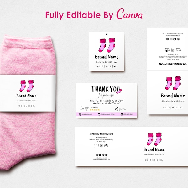 Editable Socks Label Template, DIY Socks Hang Tag, Fold over Tag, Wrap Label, Handmade Items, Printable Canva PDF files