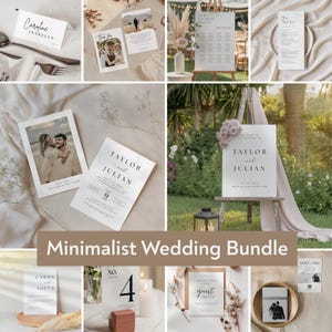 May include: A selection of minimalist wedding stationery, including invitation cards, table cards, and signage. The designs feature elegant typography and include photos. The text "Minimalist Wedding Bundle" is displayed.