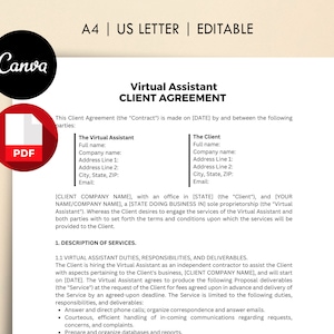 May include: A black and white PDF icon with the word "PDF" in white text. The icon is on a red circle with a shadow. The image is a document template for a virtual assistant client agreement.