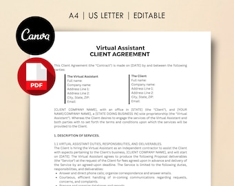 バーチャルアシスタントクライアント契約書テンプレート、編集可能なCanvaテンプレート+印刷可能なPDFバーチャルA4およびUSレターサイズ