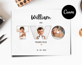 2歳の誕生日の写真コラージュ、編集可能なCanvaテンプレート、2歳のカスタム誕生日プレゼント、壁の装飾、子供向けの印刷可能な誕生日ポスター