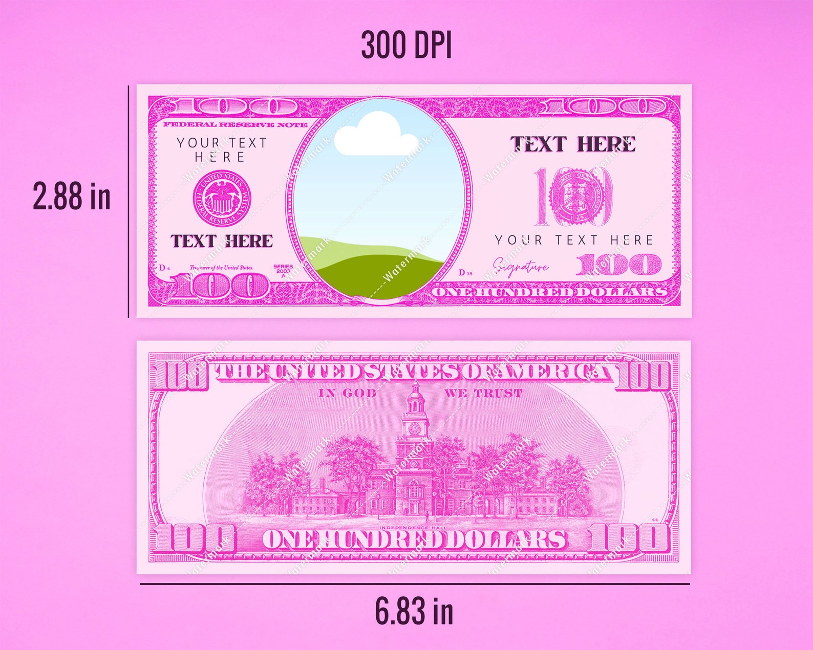 Pink 100 Dollar Bill Template, Custom Game Party Play Money, Add Your Pink 100 Dollar Bill Template, Custom Game Party Play Money, Add Your