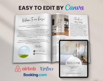 May include: An open book and a tablet display a welcome message. The book's pages feature text about a house and contact information. The tablet shows a welcome message with an address. The words "EASY TO EDIT BY Canva", "airbnb", "Vrbo", and "Booking.com" are also visible.