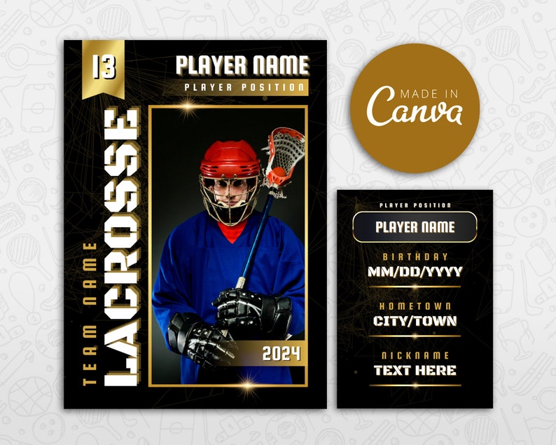 Lacrosse Card Template, DIY Golden Sport Cards Printable, Customizable School Team Gifts Trading