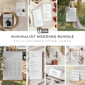 May include: A collection of minimalist wedding stationery, including invitations, menus, table numbers, and signage. The designs are primarily black and white, with elegant typography. The text "MINIMALIST WEDDING BUNDLE" and "FULLY EDITABLE USING CANVA" are displayed.