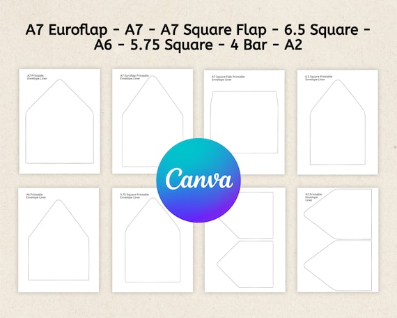 A7 Envelope Liner Template, Envelope liner A7 Square Flap & Euroflap for 5" x 7", Envelope liner 6.5 Square, A6, 5.75" Square, 4 Bar, A2