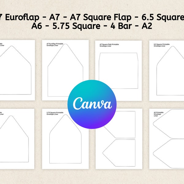 A7 Envelope Liner Template, Envelope liner A7 Square Flap & Euroflap for 5" x 7", Envelope liner 6.5 Square, A6, 5.75" Square, 4 Bar, A2