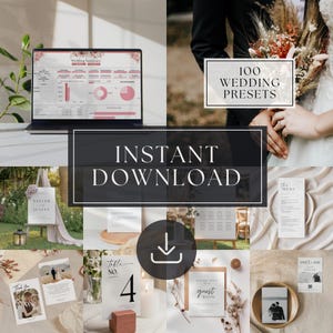 May include: A collage of wedding-themed digital products. Includes a laptop displaying a wedding summary, a couple holding a bouquet, and various stationery items like invitations and menus. Text includes "Instant Download" and "100 Wedding Presets."