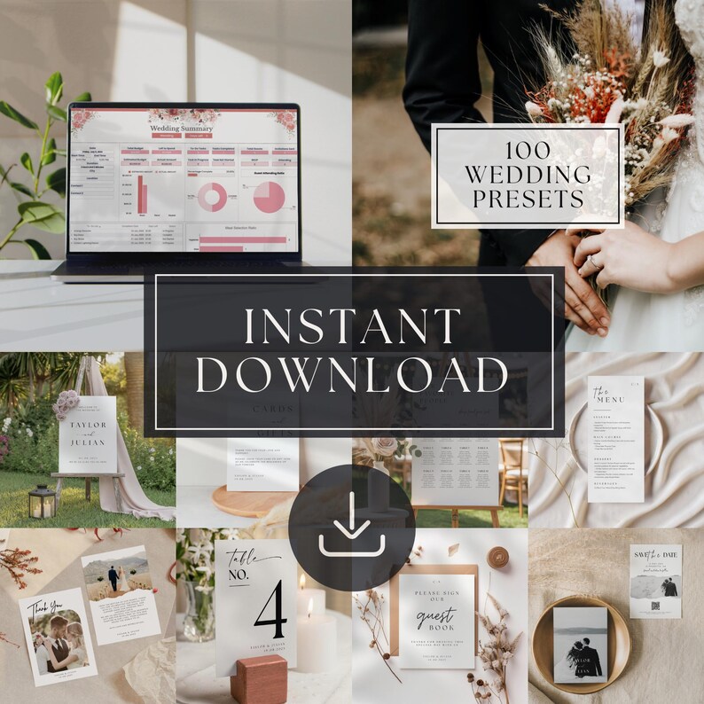 May include: A collage of wedding-themed digital products. Includes a laptop displaying a wedding summary, a couple holding a bouquet, and various stationery items like invitations and menus. Text includes "Instant Download" and "100 Wedding Presets."