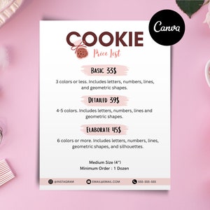 Cartão de lista de preços comerciais de biscoitos, modelo editável do Canva, cartão personalizado para impressão, modelo digital on-line