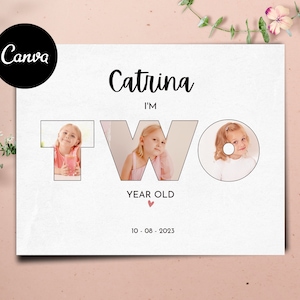 Modelo de pôster de colagem de fotos de 2º aniversário, presente de aniversário de 2 anos, cartão-presente editável para impressão Canva para filha ou filho