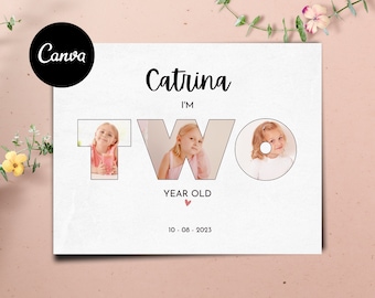 2歳の誕生日テンプレート写真コラージュポスター、2歳の記念日ギフト、娘や息子への編集可能なCanva印刷可能ギフトカード