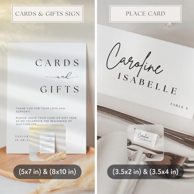 May include: Two white wedding signs. One reads "CARDS and GIFTS" with a smaller card replica. The other is a place card with the name "Caroline Isabelle" and table number 5. Sizes are 5x7 in, 8x10 in, 3.5x2 in, and 3.5x4 in.