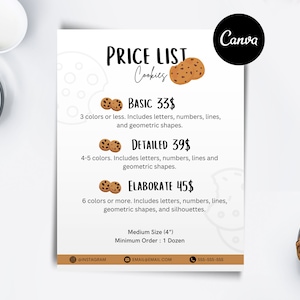 Modelo editável de lista de preços de biscoitos, cartão de visita de biscoitos, modelo de etiqueta, pequenas empresas, download digital de modelo Canva