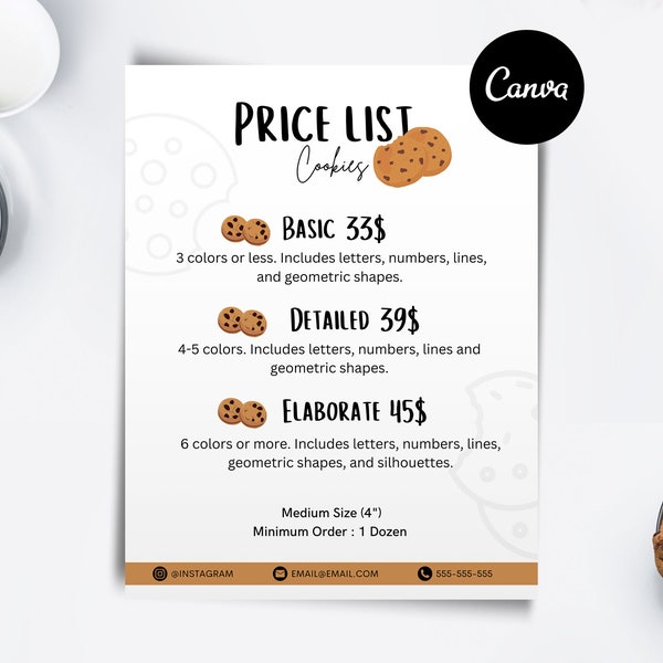 Editable Cookie Price List Template, Cookie Business Card, Label Template, Small Business, Canva Template Digital Download