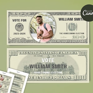 Heimkehr Wahlkampfvorlage, 100 Dollar Bill Prom Queen King Geld, Vote for me Wahlkampf, anpassbare Vorlage