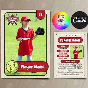 Plantilla de tarjetas coleccionables de softbol para niños, plantilla de Canva para tarjetas de jugador personalizables, tarjeta deportiva personalizada para hacer tú mismo, obsequios para equipos escolares imprimibles