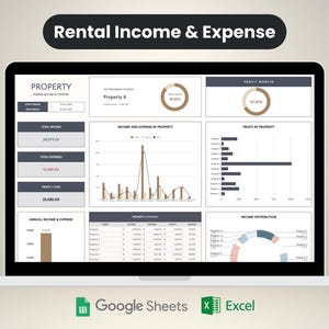 May include: A computer screen displaying a spreadsheet with a dashboard of financial data for rental properties. The dashboard includes charts, graphs, and tables showing income, expenses, and profit by property. The spreadsheet is titled "Rental Income & Expense".