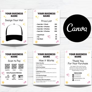 Trucker Hat Bar Bundle Editable Canva Templates, Design Your Hat, Price List, Payments, Instructions and Thank You Message, Pop Up Shop