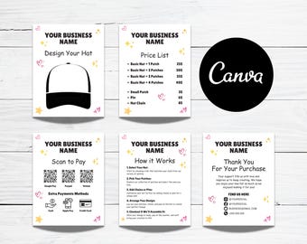 Trucker Hat Bar Bundle Editable Canva Templates, Design Your Hat, Price List, Payments, Instructions and Thank You Message, Pop Up Shop