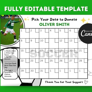 Soccer Pick a Date to Donate Fundraiser Calendar, Editable Canva Template, Printable Fundraiser Flyer, Sport Fundraiser Community Flyer