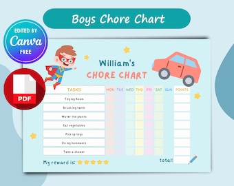 男の子向け家事表、子供用家事表、（印刷可能な PDF + Canva テンプレート）、子供用ご褒美表、印刷可能な週次ご褒美表 デジタル ダウンロード