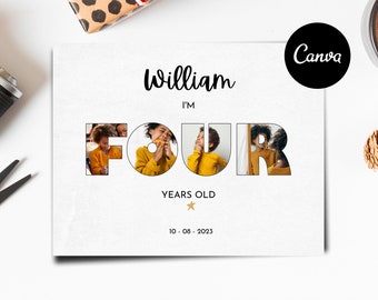 4歳の誕生日フォトコラージュ、カスタムウォールアート（Canvaテンプレート）