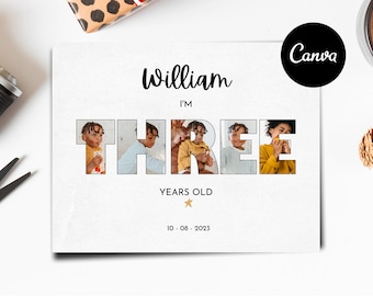 3周年記念写真コラージュ、編集可能なCanvaテンプレート、3周年カスタム誕生日プレゼント、壁飾り、子供用印刷可能な誕生日ポスター
