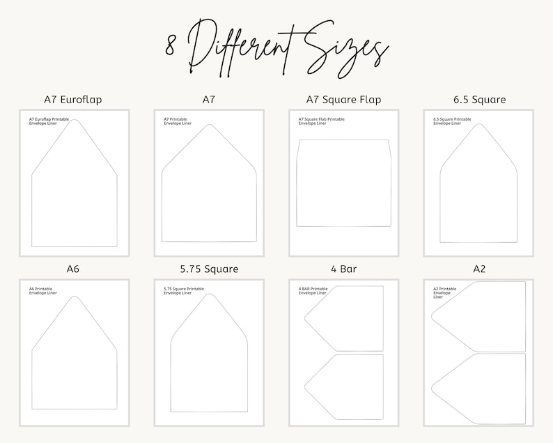 May include: An image displays eight different envelope sizes, including A7 Euroflap, A7, A7 Square Flap, 6.5 Square, A6, 5.75 Square, 4 Bar, and A2. Each envelope is outlined in black on a white background.