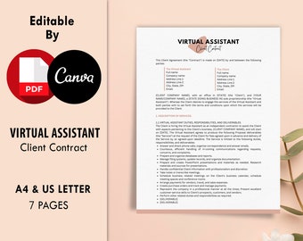 バーチャルアシスタント契約テンプレート、PDF および編集可能な Canva テンプレート、クライアント契約、VA フリーランス、独立請負業者、ビジネスフォーム