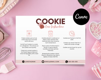 クッキーのお手入れ方法カード、Canva 編集可能テンプレート、印刷可能なパーソナライズカード、デジタルオンラインテンプレート