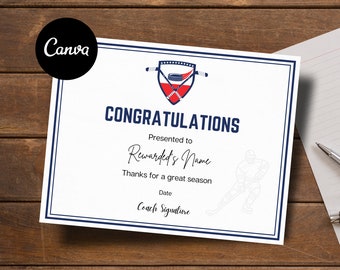 Editable Ice Hockey Award Certificates | CANVA Template | Printable | Custom Certificate Online Template