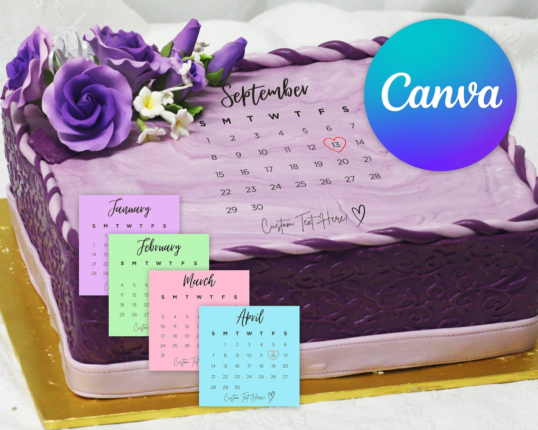 2024 Square Rectangle Shaped Calendar Month Cake Topper Template
