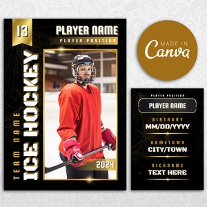 Modèle de carte de hockey sur glace, cartes de sport dorées DIY imprimables, cartes à collectionner de cadeaux d’équipe scolaire personnalisables, modèle Canva modifiable