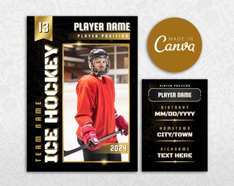 May include: A black and gold ice hockey player card template with a photo placeholder, space for the player's name, position, birthday, hometown, and nickname. The card has a gold number 13 and the text "ICE HOCKEY" in gold letters.