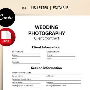 Peut inclure: Un modèle de contrat de photographie de mariage imprimable en noir et blanc au format PDF. Le modèle comprend des sections pour les informations du client, les informations de la séance et les heures de début et de fin du photographe.