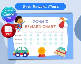 May include: A blue and white reward chart for a child named John. The chart has a superhero character, a car, a book, a medal, and a beach ball. The chart has spaces for each day of the week and lists chores like brushing teeth, watering a plant, and doing homework.