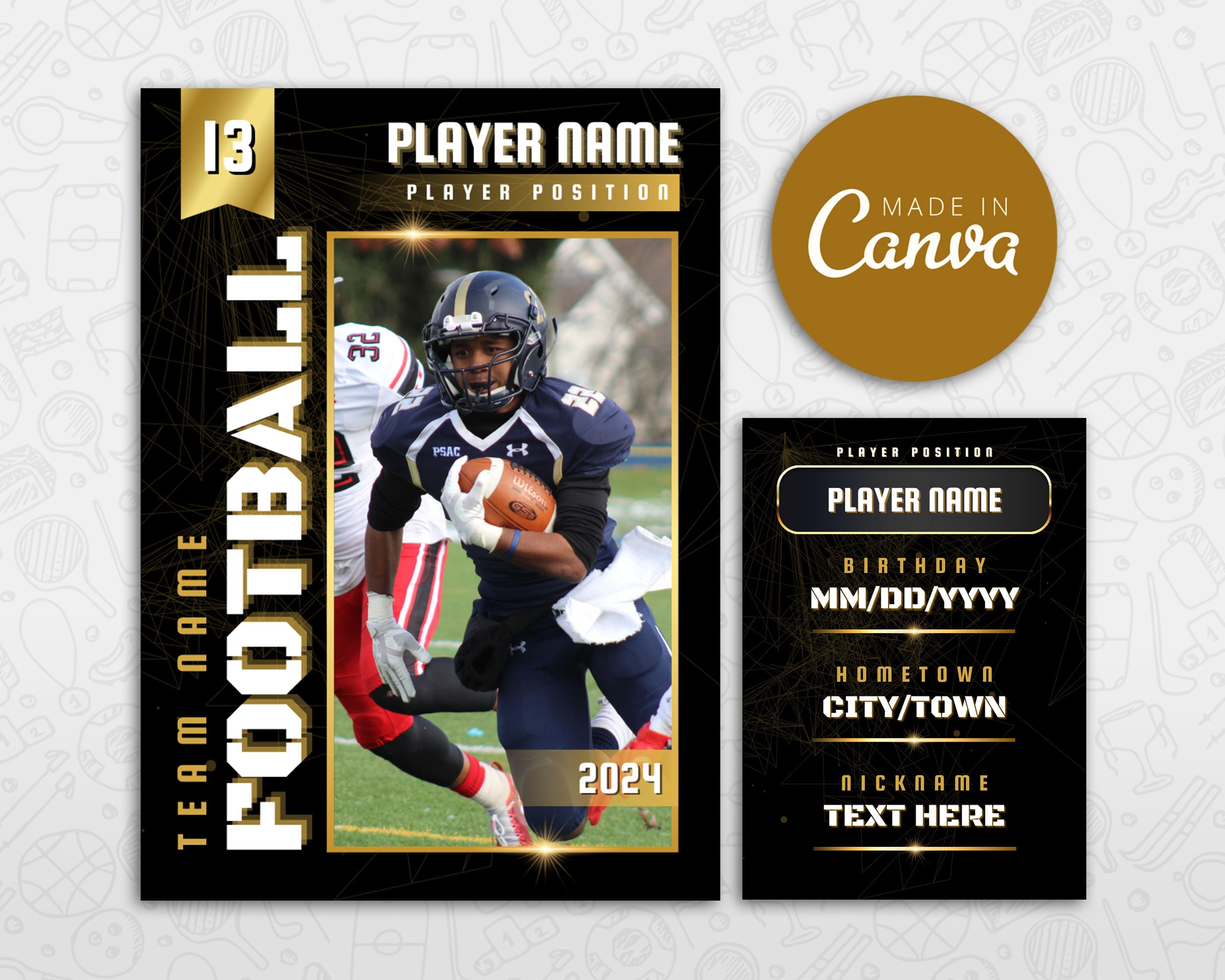 Football Card Template, DIY Golden Sport Cards Printable, Customizable Football Card Template, DIY Golden Sport Cards Printable, Customizable