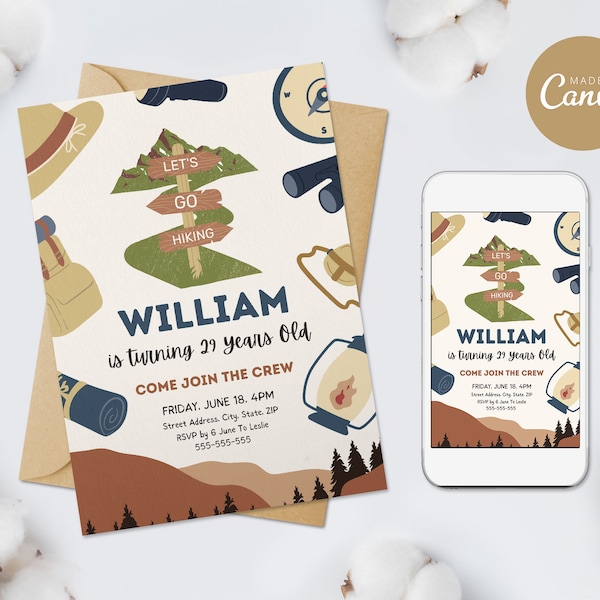 Hiking Birthday Invitation Template, Outdoor Hike Party Invite, Editable Birthday Party Invite, Printable & Digital Mobile Phone Invitation