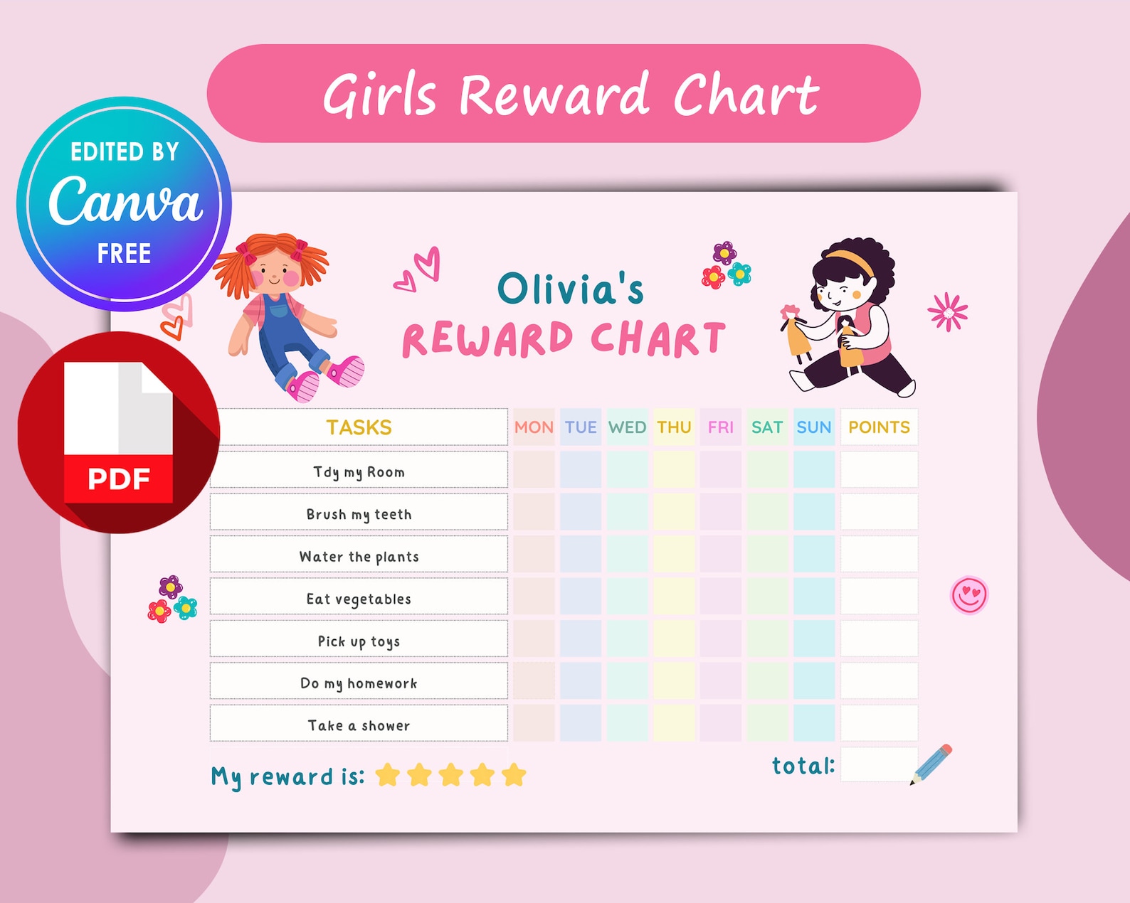 Girls Reward Chart, printable PDF Canva Template, Kids Chore Chart ...