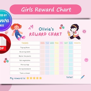 Girls Reward Chart, (printable PDF + Canva Template), Kids Chore Chart ...