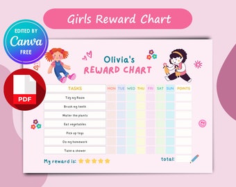 女の子向けご褒美表 (印刷可能な PDF + Canva テンプレート)、子供の家事表、子供のご褒美表、印刷可能な週ごとのご褒美表 デジタル ダウンロード
