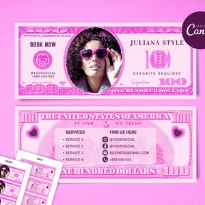 Buchungsflieger 100 Dollar Bill Pink, bearbeitbarer Termin verfügbar Flyer Vorlage, Zöpfe Buchungen Flyer, Haare, Nägel, Make Up, Wimpern, Perücke
