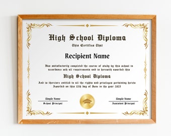 Könnte beinhalten: Ein gerahmtes High-School-Diplom mit goldenen Akzenten und einem goldenen Siegel. Der Text lautet "High School Diploma" und "This Certifies That." Der Name des Empfängers ist "Recipient Name." Das Diplom wurde am 12. Juni 2025 verliehen.