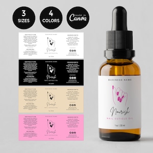 Op de afbeelding: Een bruine glazen fles met een zwarte druppelaar en een wit etiket. Het etiket heeft de tekst "Nourish Nail Cuticle Oil" en "1 oz 30 ml". Er is een roze illustratie van een hand met gemanicuurde nagels op het etiket.
