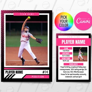 Sjabloon softbalruilkaarten, aanpasbare canva-sjabloon spelerskaart, gepersonaliseerde doe-sportkaart, afdrukbare cadeaus schoolteam